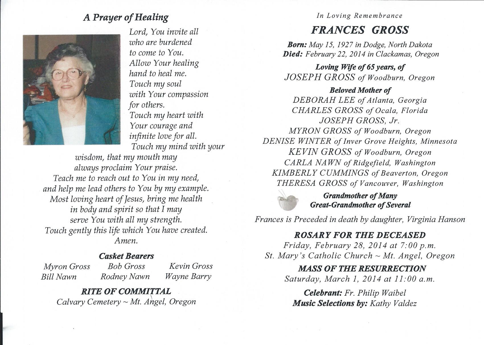 February 22, 2014 Frances obit card.